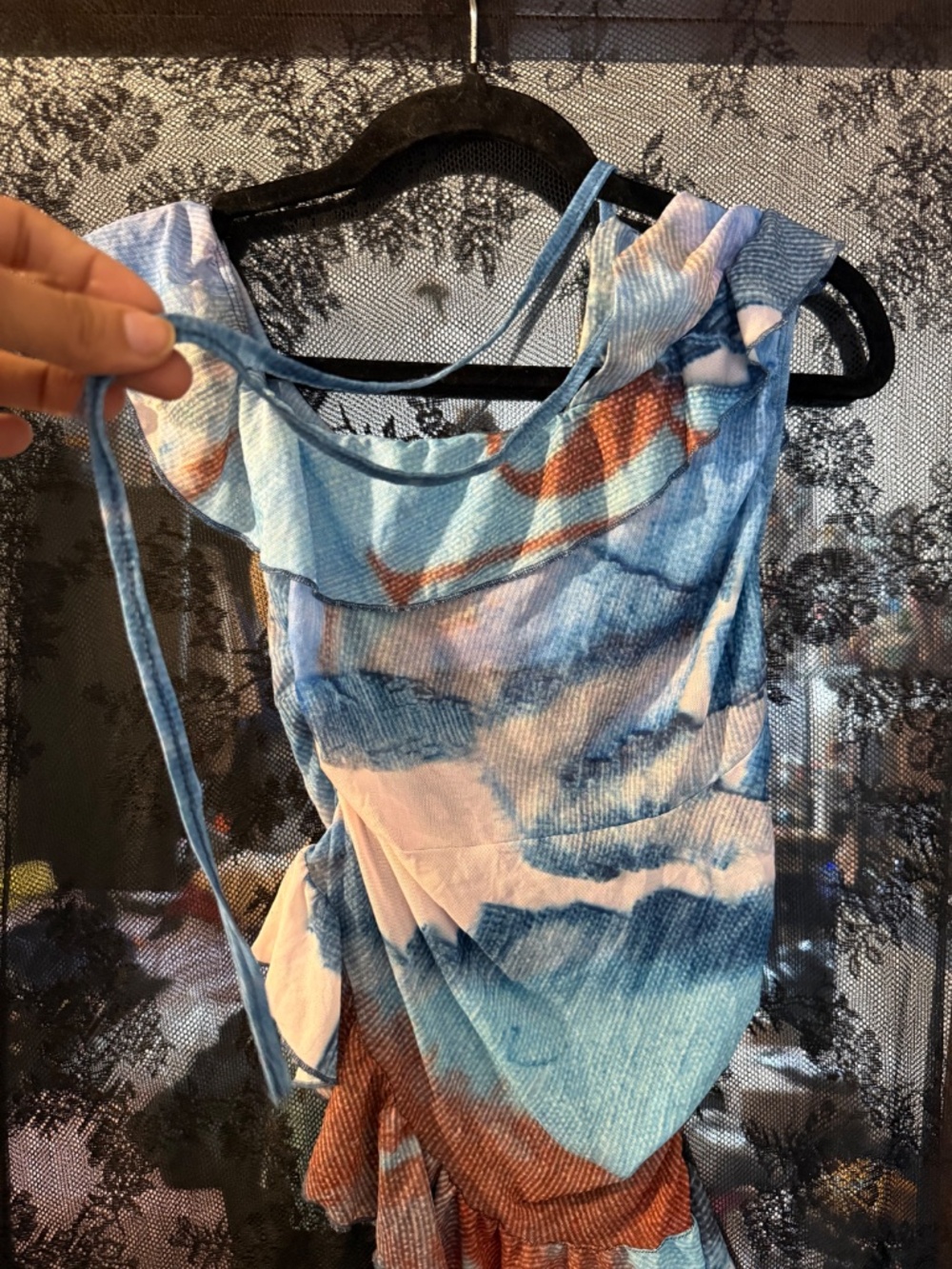 Blue Abstract Print Ruched Ruffle Mini Dress | Asymmetrical Y2K Style - Picture 3 of 5